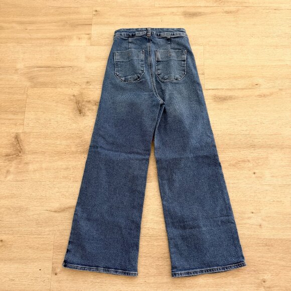 Zara Sailor Marine Jeans Wide Leg High Waist Crop Blue Gold Button Size 2 - Picture 2 of 7